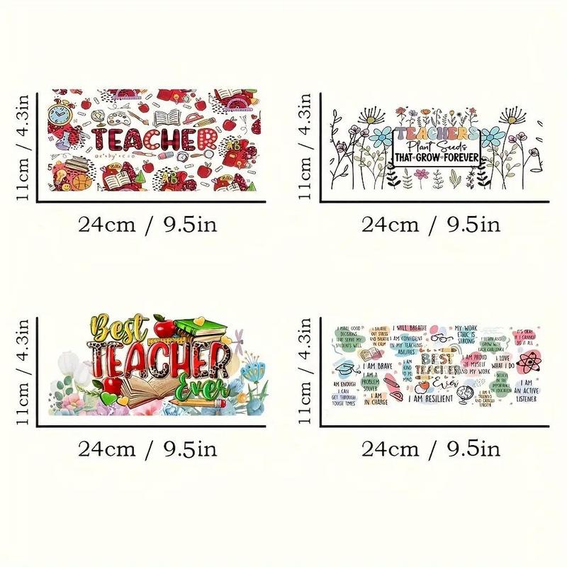 Teacher Design Transfer Stickers, 4 Counts set DIY Transfer Stickers For Glass Cups, Creative Waterproof Stickers