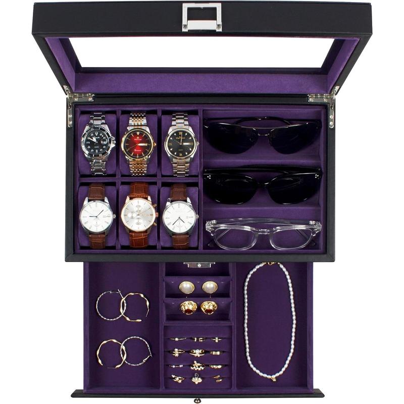 Watch box, 6 Slot Watch Case, 3 Slot Sunglass Organizer, Watch Cases for men with Real Glass Lid, Watch Organizer storage with Jewelry Case, Birthday for Men and Women,