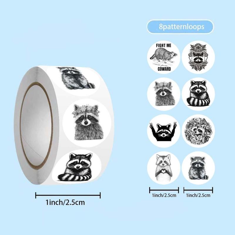 Raccoon Pattern Sticker, 500pcs roll Round Self Adhesive Decorative Sticker, DIY Decals for Water Bottle, Phone Case, Envelope Sealing