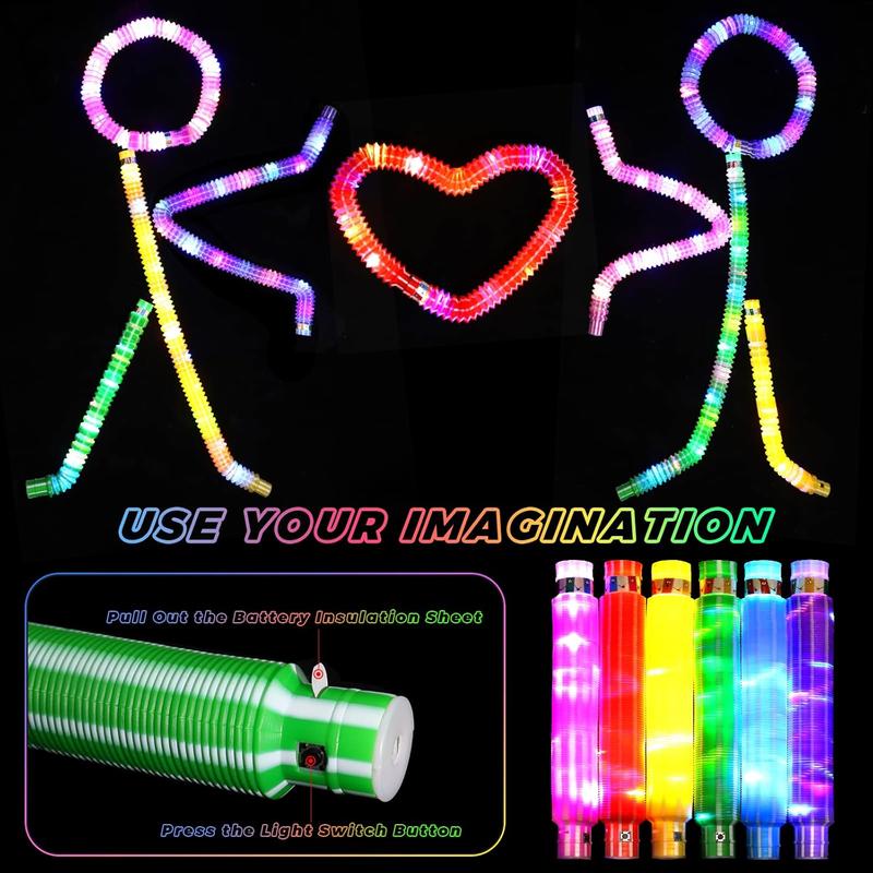 Glow Sticks for Kids 6 PCS, Light up Pop Tubes Sensory Fidget Toys, Christmas Stocking Stuffers Party Favors for Kids 8-12, LED Glow Bracelet Necklace for Boys Girls, Glow in the Dark Gifts