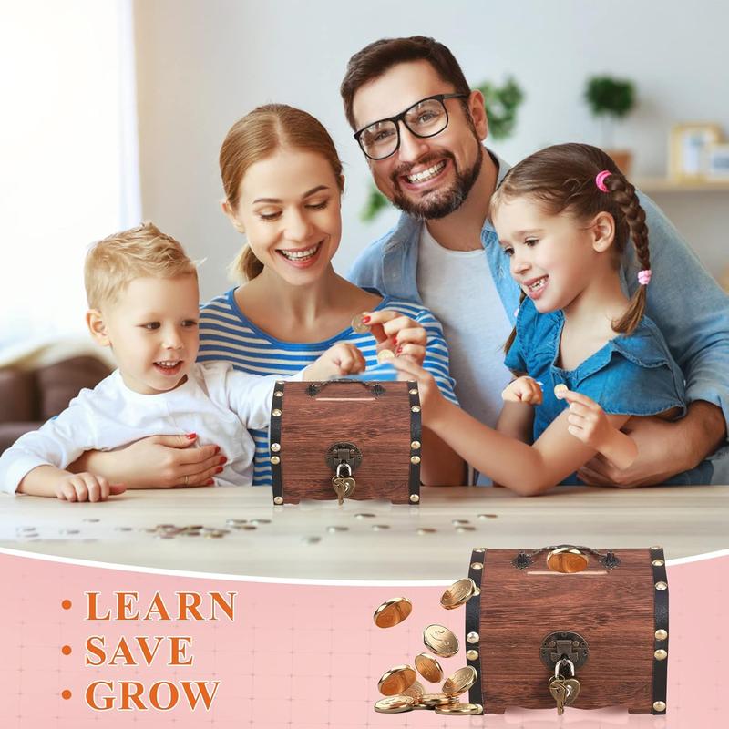 Piggy Bank: Vintage Wood Treasure Chest Rustic Small Wooden Box Decorative Coin Bank Money Bank Money Saver Storage Box for Wedding Home Decor