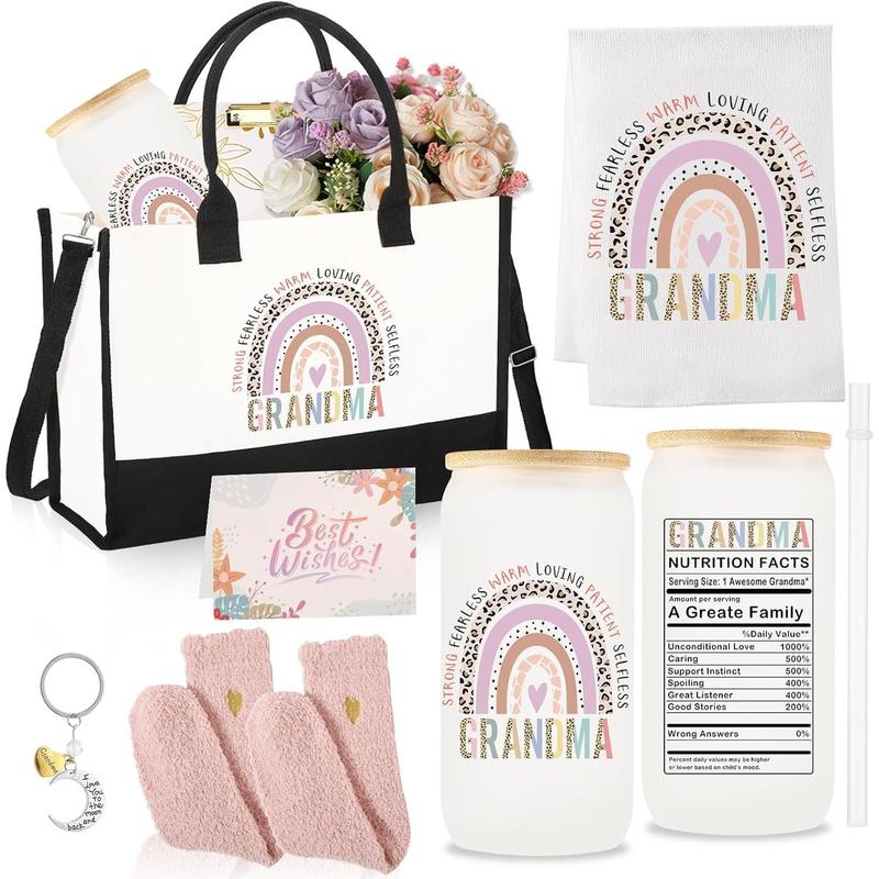 8 count Christmas Gift for Grandma, Canvas Bag for Grandma Gift Ideas, Glass Cup Birthday Gift for Grandma