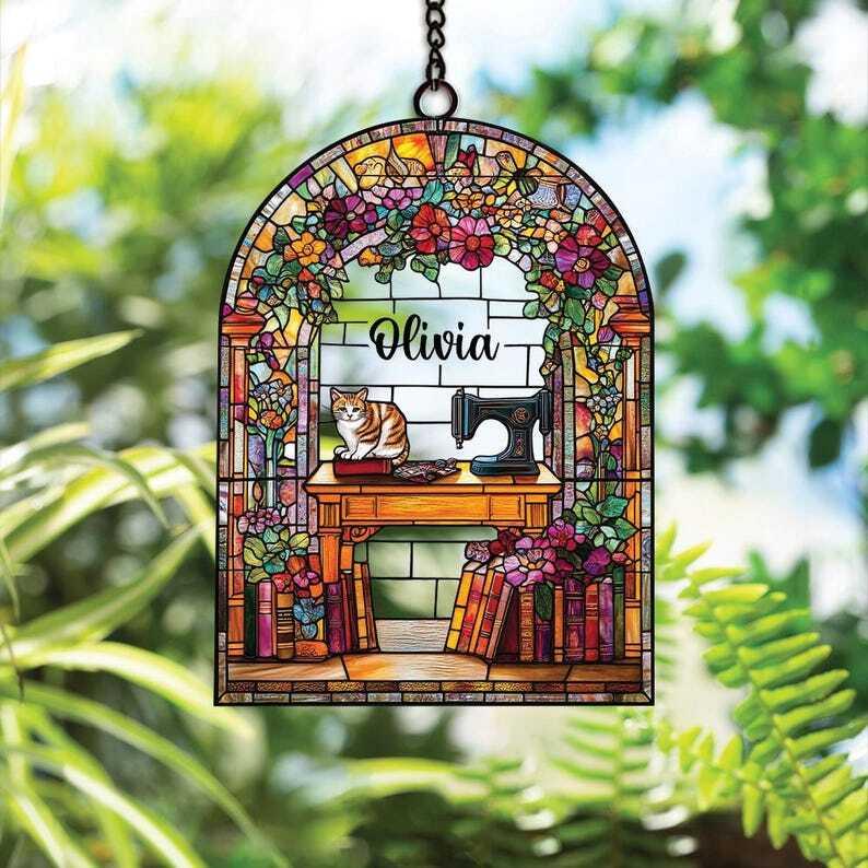 Personalized Sewing and Book Lovers Acrylic Suncatcher, Sewing Machine Window Hanging, Perfect Decor for Sewing Room or Library Decor