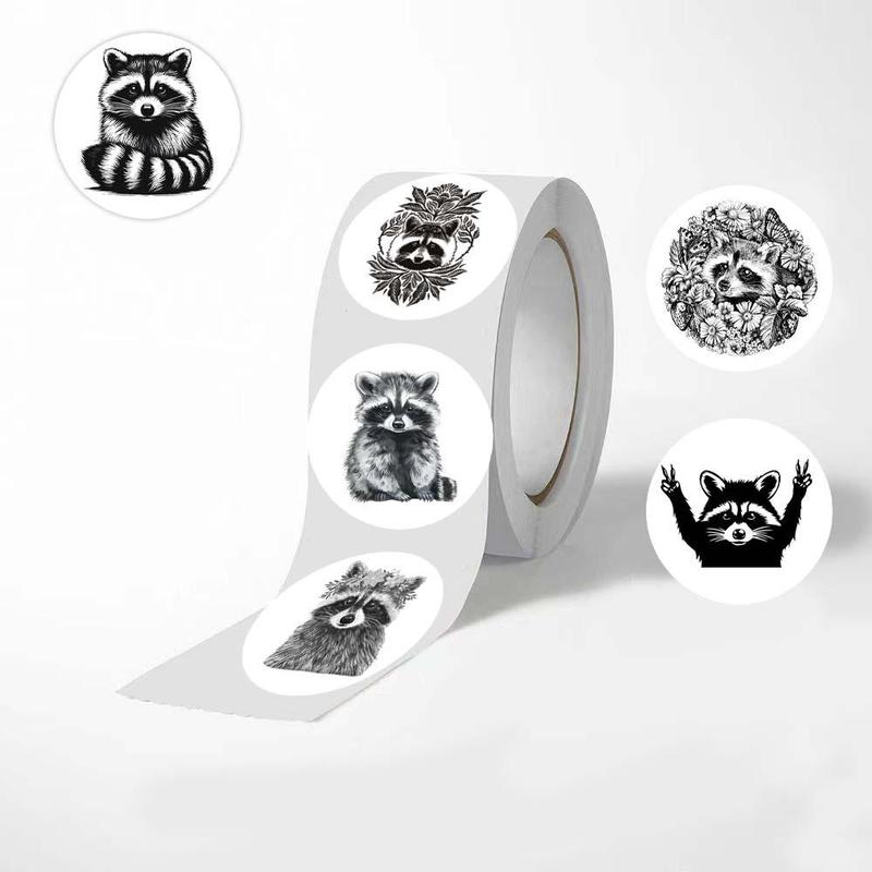 Raccoon Pattern Sticker, 500pcs roll Round Self Adhesive Decorative Sticker, DIY Decals for Water Bottle, Phone Case, Envelope Sealing