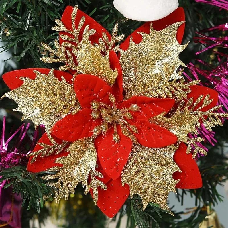 3 5 10Pcs Christmas Decoration Artificial Flowers Xma Tree Pendant Ornaments for Home Decor Navidad New Year 2025 Party Supplies