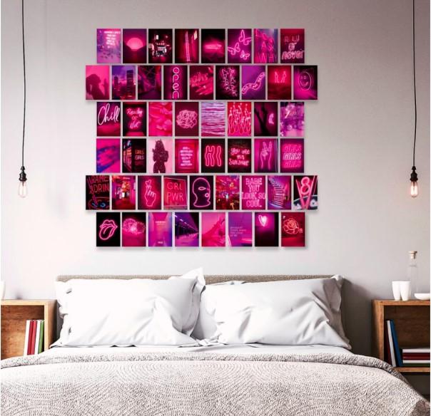 50 PCS Wall Collage Kit Aesthetic Pictures, Pink Neon Room Decor Posters for Room Aesthetic, Dorm Photo Wall Decor for Teen Girls, VSCO Girl...