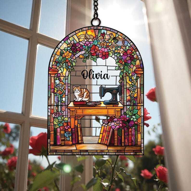 Personalized Sewing and Book Lovers Acrylic Suncatcher, Sewing Machine Window Hanging, Perfect Decor for Sewing Room or Library Decor