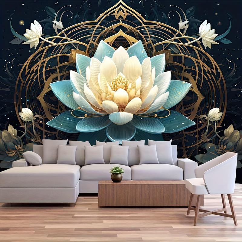 Christmas 2024 Ornament - Vibrant Lotus Pattern Polyester Tapestry - Wall Hanging Decor for Living Room, Bedroom, Office - Easy Installation, Perfect for Home, Room, Party Decoration