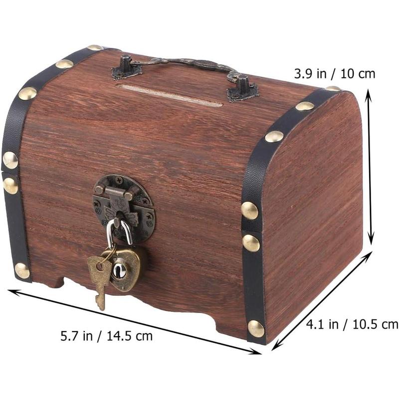 Piggy Bank: Vintage Wood Treasure Chest Rustic Small Wooden Box Decorative Coin Bank Money Bank Money Saver Storage Box for Wedding Home Decor