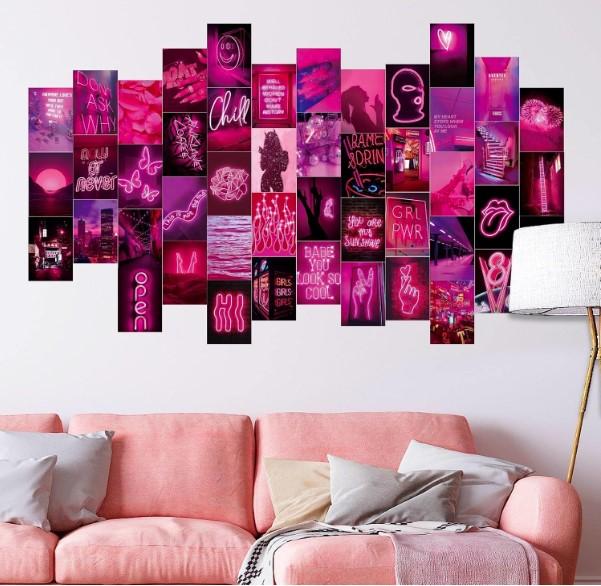 50 PCS Wall Collage Kit Aesthetic Pictures, Pink Neon Room Decor Posters for Room Aesthetic, Dorm Photo Wall Decor for Teen Girls, VSCO Girl...