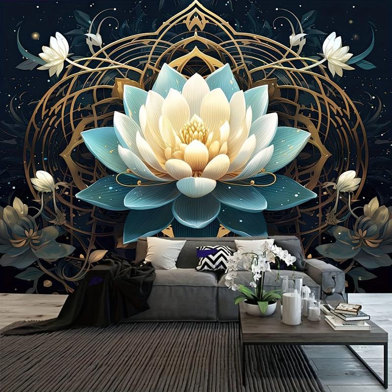 Christmas 2024 Ornament - Vibrant Lotus Pattern Polyester Tapestry - Wall Hanging Decor for Living Room, Bedroom, Office - Easy Installation, Perfect for Home, Room, Party Decoration