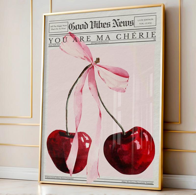 Trendy Pink Newspaper Wall Art, Watercolor Cherries Bow Print, Ma Cherie Poster, Girly Dorm Wall Decor