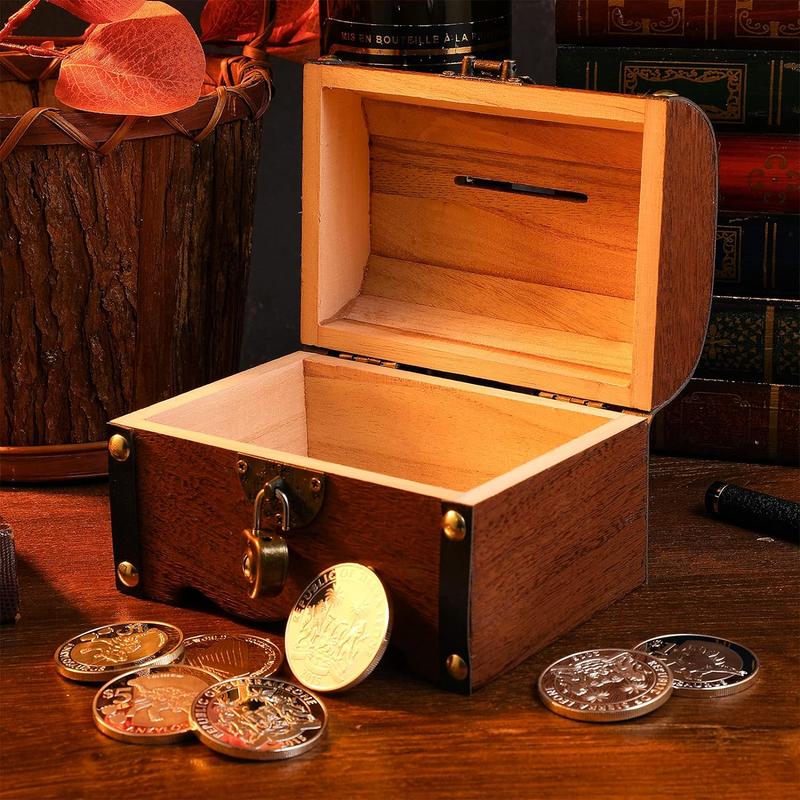 Piggy Bank: Vintage Wood Treasure Chest Rustic Small Wooden Box Decorative Coin Bank Money Bank Money Saver Storage Box for Wedding Home Decor