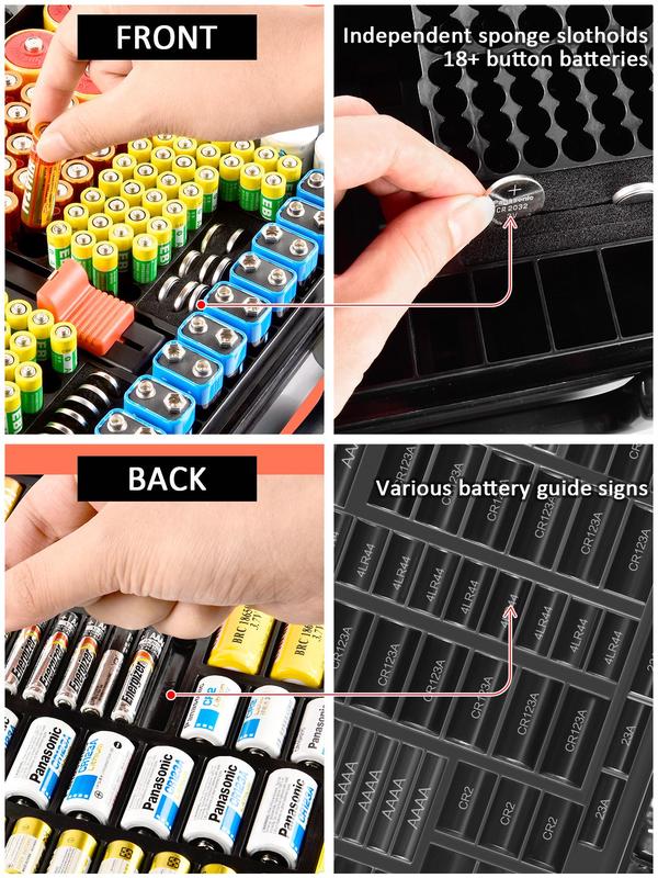 Battery Organizer Storage Holder Box Case with Tester, Case Only, Double-sided Variety Pack, Suitable for AA AAA 4A C D Cell, 9V 3V Lithium LR44 CR2 CR123 CR1632 18650 Buttons