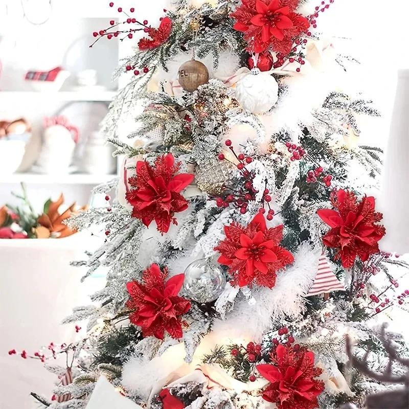 3 5 10Pcs Christmas Decoration Artificial Flowers Xma Tree Pendant Ornaments for Home Decor Navidad New Year 2025 Party Supplies